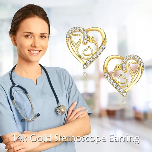 KECHO 14K Solid Gold Nurse Earrings for Women Dangle Cubic Zirconia Heart Stethoscope Nurse Earrings Studs Nurse Leverback Earrings Graduation Birthday Christmas Jewelry Gifts for Doctor Nurse Medical Student in Kuwait