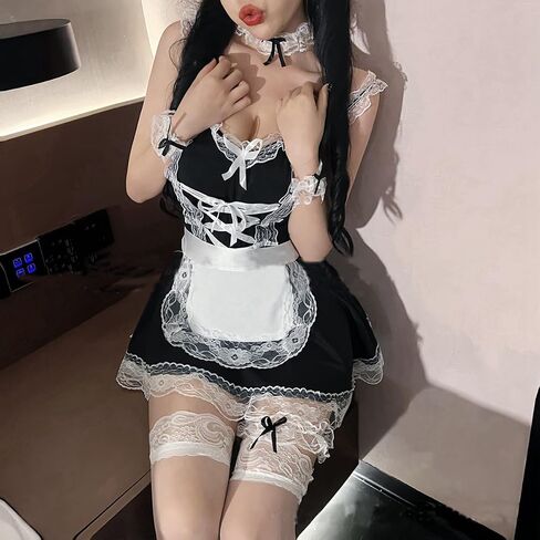 SNOMYRS Maid Outfit 8pcs Lace Lawaii Lolita French Maid Apron Cosplay Lingerie Sexy Costumes For Women Halloween Lingerie in Kuwait