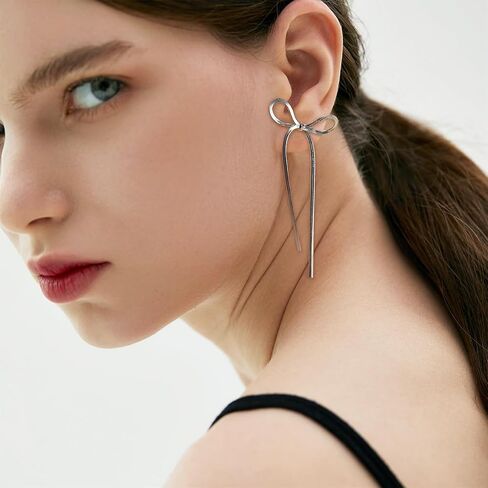 Bow Dangle Drop Tassel Earrings for Women Statement Elegant Long Chain Dangly Ribbon Fringe Waterfall Dangling Wedding Prom Fashion Jewelry Gift in Kuwait