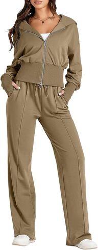 Herseas Womens 2 Piece Casual Outfit Workout Hoodie Sweatsuits with Sweatpant Travel Airport Track Suits Lounge Sets in Kuwait