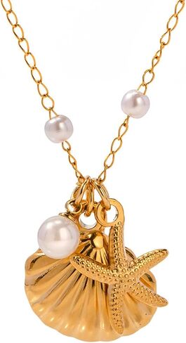 Seashell Starfish Pearl Pendant Necklace for Women, 18K Gold Plated Beachy Charm Pendant Necklace, Dainty Adjustable Gold Layered Summer Ocean Jewelry in Saudi Arabia