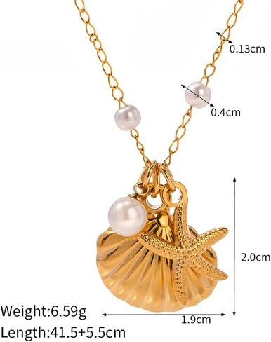 Seashell Starfish Pearl Pendant Necklace for Women, 18K Gold Plated Beachy Charm Pendant Necklace, Dainty Adjustable Gold Layered Summer Ocean Jewelry in Saudi Arabia