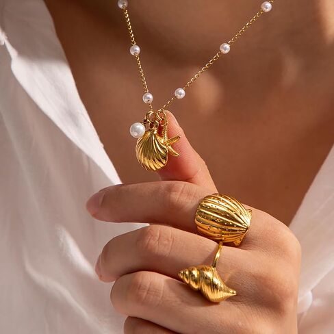 Seashell Starfish Pearl Pendant Necklace for Women, 18K Gold Plated Beachy Charm Pendant Necklace, Dainty Adjustable Gold Layered Summer Ocean Jewelry in Saudi Arabia