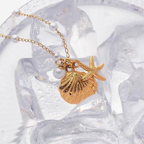 Seashell Starfish Pearl Pendant Necklace for Women, 18K Gold Plated Beachy Charm Pendant Necklace, Dainty Adjustable Gold Layered Summer Ocean Jewelry in Saudi Arabia