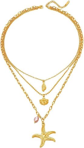 Seashell Starfish Pearl Pendant Necklace for Women, 18K Gold Plated Beachy Charm Pendant Necklace, Dainty Adjustable Gold Layered Summer Ocean Jewelry in Saudi Arabia