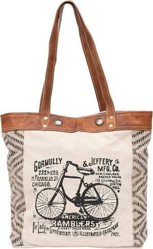 Shy Shy Let's Touch The Sky Leather Bags Bicycle Upcycled Canvas Tote Bag White Tan, Khaki, Brown in Kuwait