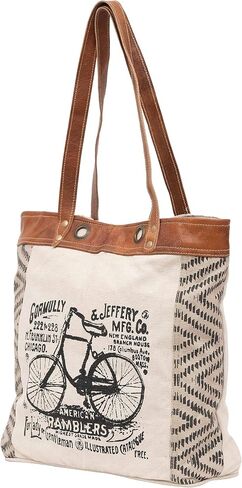 Shy Shy Let's Touch The Sky Leather Bags Bicycle Upcycled Canvas Tote Bag White Tan, Khaki, Brown in Kuwait