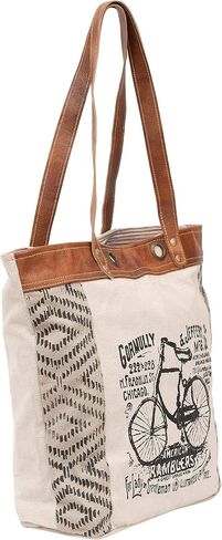Shy Shy Let's Touch The Sky Leather Bags Bicycle Upcycled Canvas Tote Bag White Tan, Khaki, Brown in Kuwait