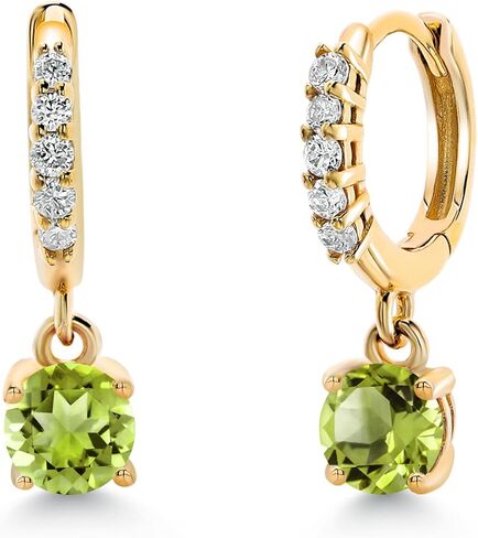 Gem Stone King 10K Yellow Gold Gemstone Birthstone and White Lab Grown Diamond Dangle Drop Huggie Hoop Earrings | Round 4MM | Gold Earrings For Women in Saudi Arabia