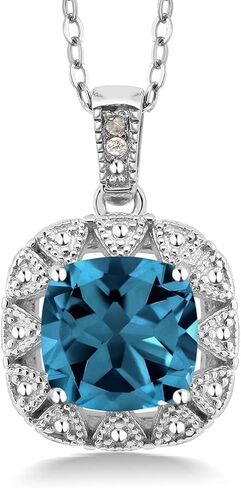 Gem Stone King 925 Sterling Silver Gemstone Birthstone and White Diamond Necklace | 8MM Cushion Cut Pendant Necklace For Women | With 18 Inch Chain in Saudi Arabia