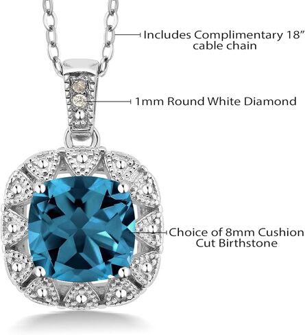 Gem Stone King 925 Sterling Silver Gemstone Birthstone and White Diamond Necklace | 8MM Cushion Cut Pendant Necklace For Women | With 18 Inch Chain in Saudi Arabia