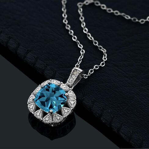 Gem Stone King 925 Sterling Silver Gemstone Birthstone and White Diamond Necklace | 8MM Cushion Cut Pendant Necklace For Women | With 18 Inch Chain in Saudi Arabia
