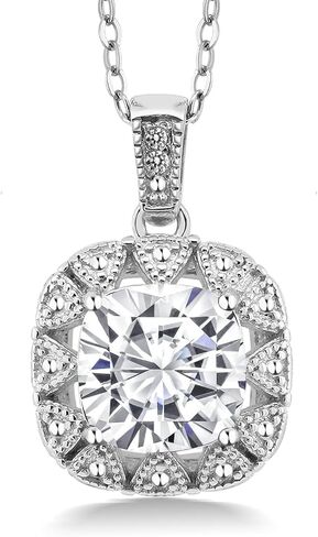 Gem Stone King 925 Sterling Silver Gemstone Birthstone and White Diamond Necklace | 8MM Cushion Cut Pendant Necklace For Women | With 18 Inch Chain in Saudi Arabia