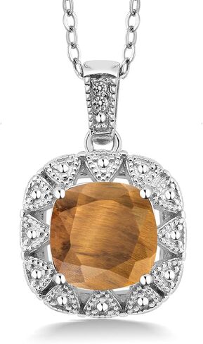 Gem Stone King 925 Sterling Silver Gemstone Birthstone and White Diamond Necklace | 8MM Cushion Cut Pendant Necklace For Women | With 18 Inch Chain in Saudi Arabia