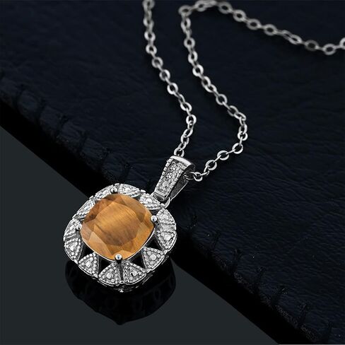 Gem Stone King 925 Sterling Silver Gemstone Birthstone and White Diamond Necklace | 8MM Cushion Cut Pendant Necklace For Women | With 18 Inch Chain in Saudi Arabia