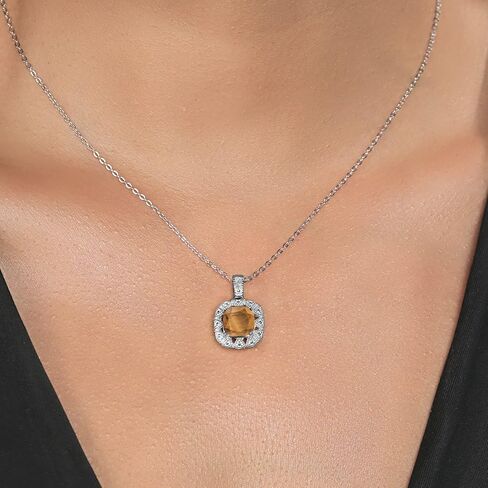 Gem Stone King 925 Sterling Silver Gemstone Birthstone and White Diamond Necklace | 8MM Cushion Cut Pendant Necklace For Women | With 18 Inch Chain in Saudi Arabia