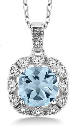 Gem Stone King 925 Sterling Silver Gemstone Birthstone and White Diamond Necklace | 8MM Cushion Cut Pendant Necklace For Women | With 18 Inch Chain in Saudi Arabia
