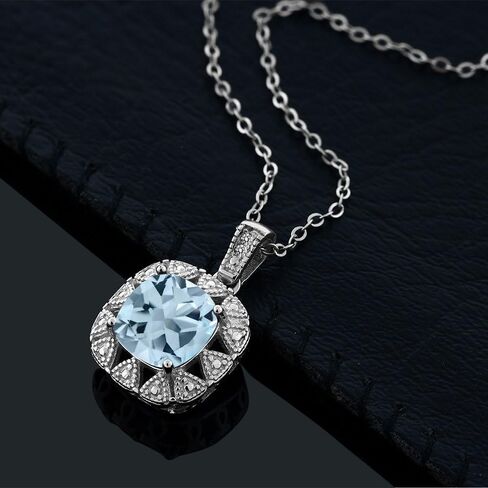 Gem Stone King 925 Sterling Silver Gemstone Birthstone and White Diamond Necklace | 8MM Cushion Cut Pendant Necklace For Women | With 18 Inch Chain in Saudi Arabia