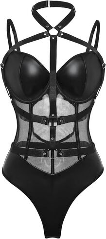 Lilosy Sexy Crisscross Choker Leather Pu Underwire Babydoll Women Harness Teddy Bodysuit Nightshirt One Piece in Kuwait