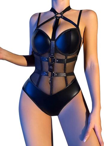 Lilosy Sexy Crisscross Choker Leather Pu Underwire Babydoll Women Harness Teddy Bodysuit Nightshirt One Piece in Kuwait