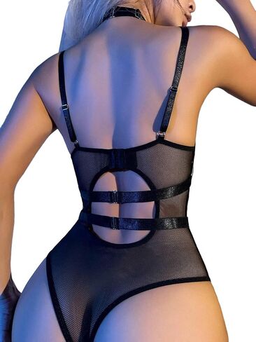 Lilosy Sexy Crisscross Choker Leather Pu Underwire Babydoll Women Harness Teddy Bodysuit Nightshirt One Piece in Kuwait