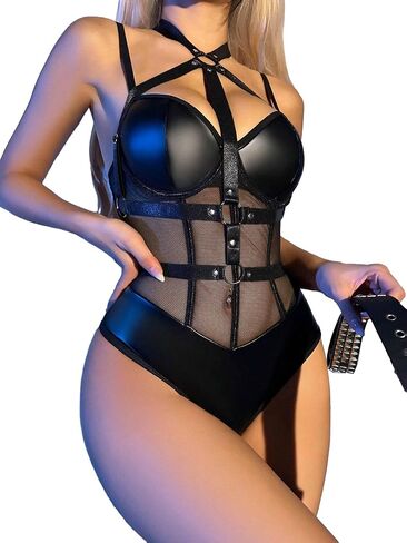 Lilosy Sexy Crisscross Choker Leather Pu Underwire Babydoll Women Harness Teddy Bodysuit Nightshirt One Piece in Kuwait
