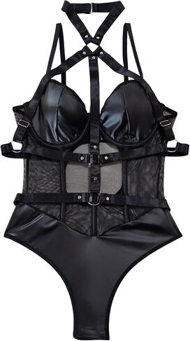Lilosy Sexy Crisscross Choker Leather Pu Underwire Babydoll Women Harness Teddy Bodysuit Nightshirt One Piece in Kuwait