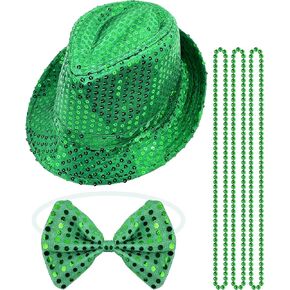 St Patrick's Day Fedora Hat Green Sequin Irish Hat for Men Women Paddy's Day Fancy Cap Western Fashion Sequin Bow Tie and 3 Green Beads
