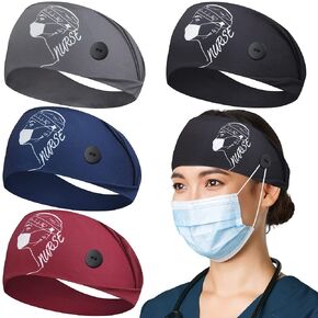 HoogaLife 4pcs Headbands With Buttons For Mask, Women's And Men's Turban Non-Slip Workout Headbands Hair Bands Protect Your Hair And Ears - Medical Set