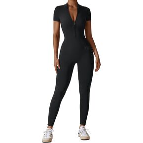 YEOREO Women Short Sleeve Workout Jumpsuit Zip Up Romper Bottom Pants Bodysuit Bodycon Sexy One Piece