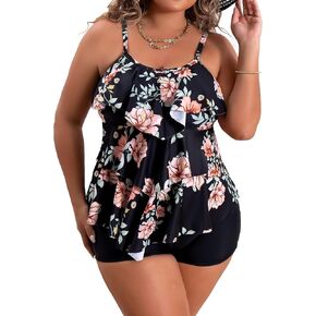 B2prity Women Plus Size Tankini Swimsuits Tummy Control Two Piece Bathing Suit Ruffled Flounce Swimwear with Shorts