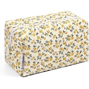 LYSANDE Floral Puffy Quilted Makeup Bag, Toiletry Tote, Cosmetics Pouch, Quilted Tote Floral, Floral Cosmetic Bag (Flowers Orange)