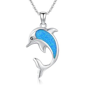 TUGHRA 925 Sterling Silver Ocean Necklace Summer Jewelry Shark/Dolphin Pendant Necklaces Blue Opal Ocean Necklace Cute Ocean Animal Gift for Women Men Boys
