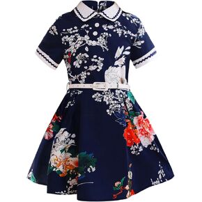 Girls Vintage Dresses Audrey 50's Retro Short Sleeve Party Dress Outfit with Belt Peter Pan Collar Dress