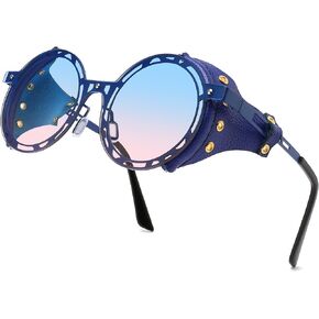 Technigadgets Julian Steampunk Sunglasses Retro Round Metal Frame With Leather Sideshield Mirrored Eyeglasses Mens Gift