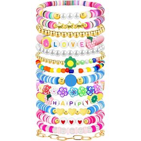 14 Pcs Preppy Friendship Bracelets Set Gifts for Teen Girls 12 14 16 18 13 15 Year Old Colorful Beaded Charm Boho Jewelry for Women Valentine's Day Christmas Birthday Gifts Idears
