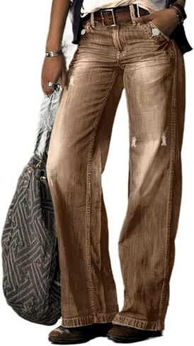 Flamingals Straight Leg Jeans for Women Ripped Raw Hem Mid Waisted Bootcut Jeans Without Belts in Saudi Arabia
