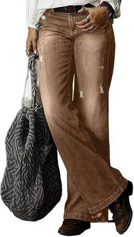 Flamingals Straight Leg Jeans for Women Ripped Raw Hem Mid Waisted Bootcut Jeans Without Belts in Saudi Arabia