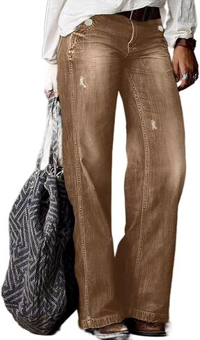 Flamingals Straight Leg Jeans for Women Ripped Raw Hem Mid Waisted Bootcut Jeans Without Belts in Saudi Arabia