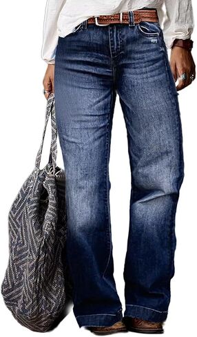 Flamingals Straight Leg Jeans for Women Ripped Raw Hem Mid Waisted Bootcut Jeans Without Belts in Saudi Arabia