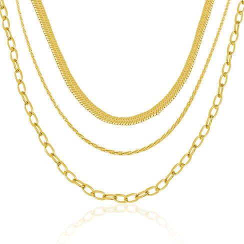 Herringbone Necklaces for Women, Hypoallergenic 18K Real Gold Plated Choker Necklace for Men Girls, 2Pcs Silver Necklace Set, Layering Necklaces(Individual Lobster Clasp) in Saudi Arabia