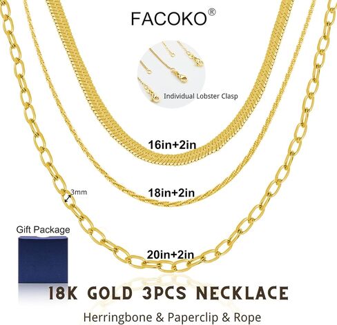 Herringbone Necklaces for Women, Hypoallergenic 18K Real Gold Plated Choker Necklace for Men Girls, 2Pcs Silver Necklace Set, Layering Necklaces(Individual Lobster Clasp) in Saudi Arabia