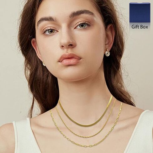 Herringbone Necklaces for Women, Hypoallergenic 18K Real Gold Plated Choker Necklace for Men Girls, 2Pcs Silver Necklace Set, Layering Necklaces(Individual Lobster Clasp) in Saudi Arabia