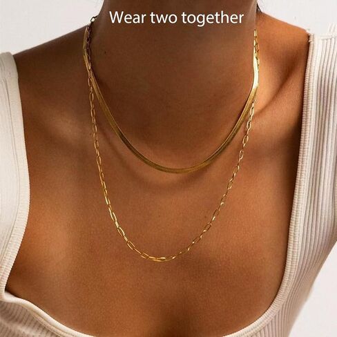 Herringbone Necklaces for Women, Hypoallergenic 18K Real Gold Plated Choker Necklace for Men Girls, 2Pcs Silver Necklace Set, Layering Necklaces(Individual Lobster Clasp) in Saudi Arabia