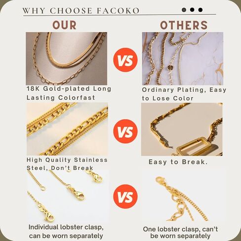 Herringbone Necklaces for Women, Hypoallergenic 18K Real Gold Plated Choker Necklace for Men Girls, 2Pcs Silver Necklace Set, Layering Necklaces(Individual Lobster Clasp) in Saudi Arabia