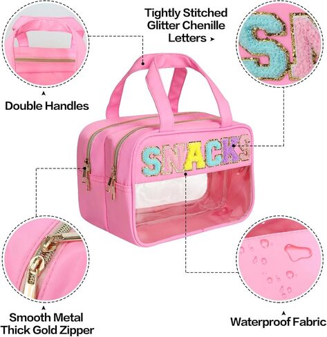 Chenille Letter Snack Bags Clear Makeup Bag, Preppy Clear Large Cosmetic Bag with Zipper, Waterproof Stuff Bag Travel Toiletry Bag Cosmetic Pouch for Women Girls (Black-SNACKS) in Saudi Arabia