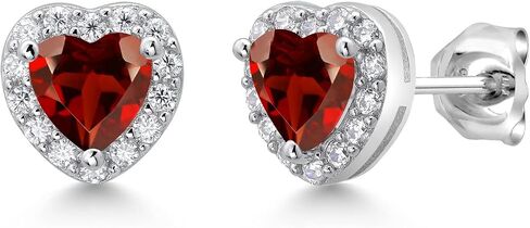Gem Stone King 925 Sterling Silver 5MM Heart Shape Gemstone Birthstone and White Moissanite Halo Earrings | Heart Earrings For Women in Saudi Arabia