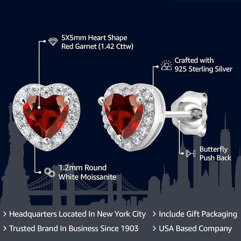 Gem Stone King 925 Sterling Silver 5MM Heart Shape Gemstone Birthstone and White Moissanite Halo Earrings | Heart Earrings For Women in Saudi Arabia