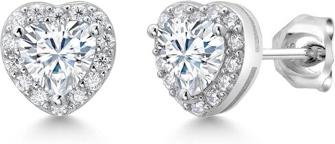 Gem Stone King 925 Sterling Silver 5MM Heart Shape Gemstone Birthstone and White Moissanite Halo Earrings | Heart Earrings For Women in Saudi Arabia