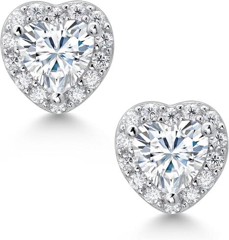 Gem Stone King 925 Sterling Silver 5MM Heart Shape Gemstone Birthstone and White Moissanite Halo Earrings | Heart Earrings For Women in Saudi Arabia